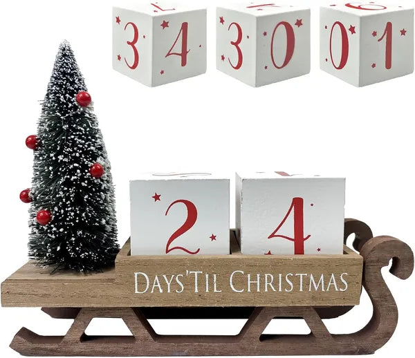 Aeelleea Wooden Christmas Countdown Blocks, 99 Days Advent Calendar, Farmhouse Rustic Santa Sleigh Decor for Tiered Tray Mantel