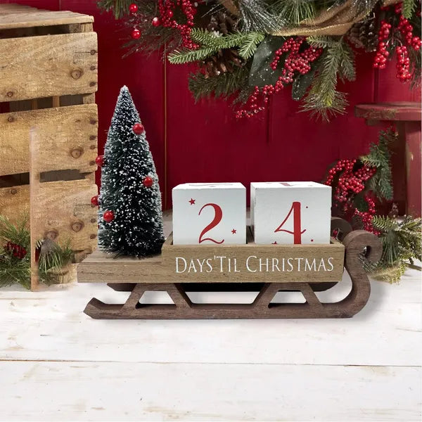 Aeelleea Wooden Christmas Countdown Blocks, 99 Days Advent Calendar, Farmhouse Rustic Santa Sleigh Decor for Tiered Tray Mantel
