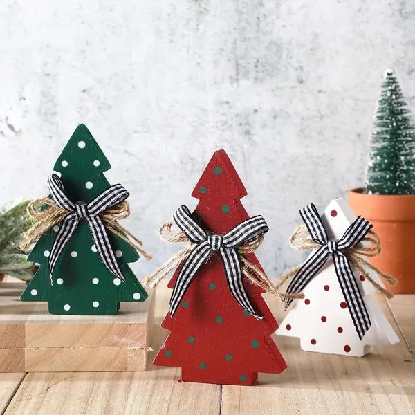 Aeelleea 3Pcs Rustic Wooden Christmas Tree Table Decor, Polka Dot Farmhouse Xmas Centerpiece for Tiered Tray