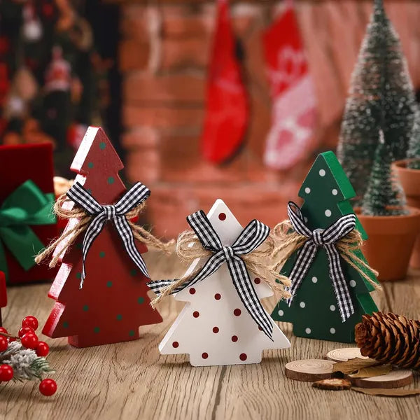 Aeelleea 3Pcs Rustic Wooden Christmas Tree Table Decor, Polka Dot Farmhouse Xmas Centerpiece for Tiered Tray