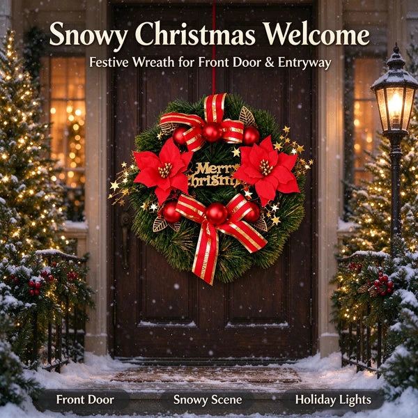 Aeelleea 11.8in Christmas Wreath, Artificial Pine Wreath with Red Poinsettia, Baubles, Bow & Merry Sign for Front Door Wall Decor