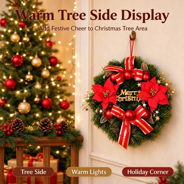 Aeelleea 11.8in Christmas Wreath, Artificial Pine Wreath with Red Poinsettia, Baubles, Bow & Merry Sign for Front Door Wall Decor