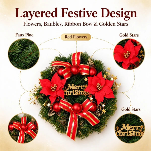 Aeelleea 11.8in Christmas Wreath, Artificial Pine Wreath with Red Poinsettia, Baubles, Bow & Merry Sign for Front Door Wall Decor
