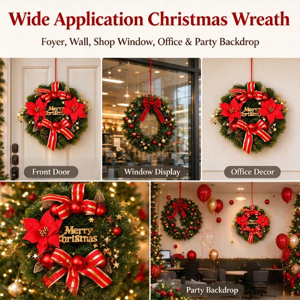 Aeelleea 11.8in Christmas Wreath, Artificial Pine Wreath with Red Poinsettia, Baubles, Bow & Merry Sign for Front Door Wall Decor