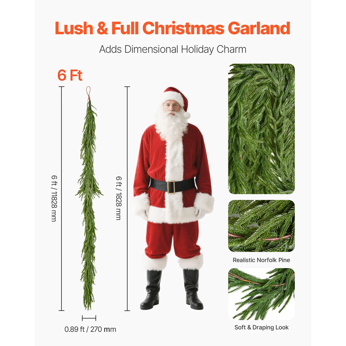 6FT Norfolk Pine Christmas Garland, Real Touch Faux Greenery, Mantel & Table Decor, Indoor Outdoor