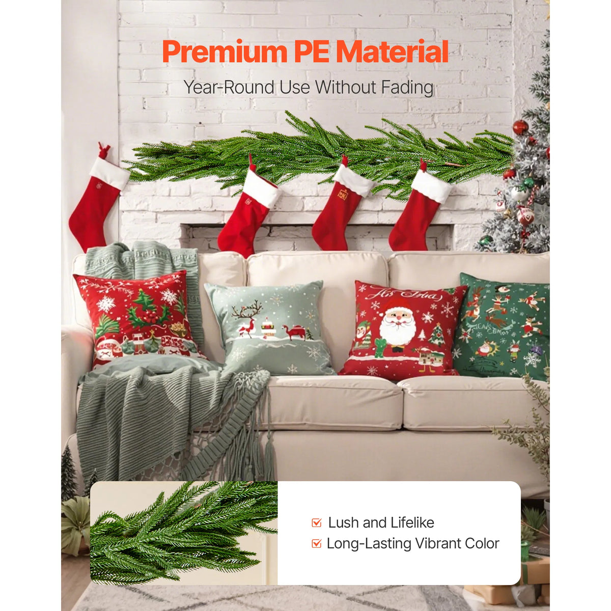 6FT Norfolk Pine Christmas Garland, Real Touch Faux Greenery, Mantel & Table Decor, Indoor Outdoor