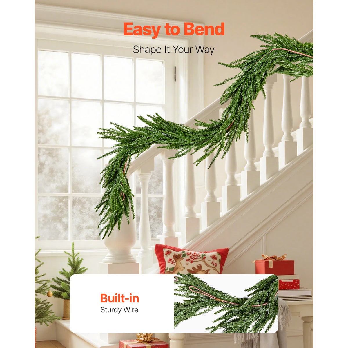 6FT Norfolk Pine Christmas Garland, Real Touch Faux Greenery, Mantel & Table Decor, Indoor Outdoor