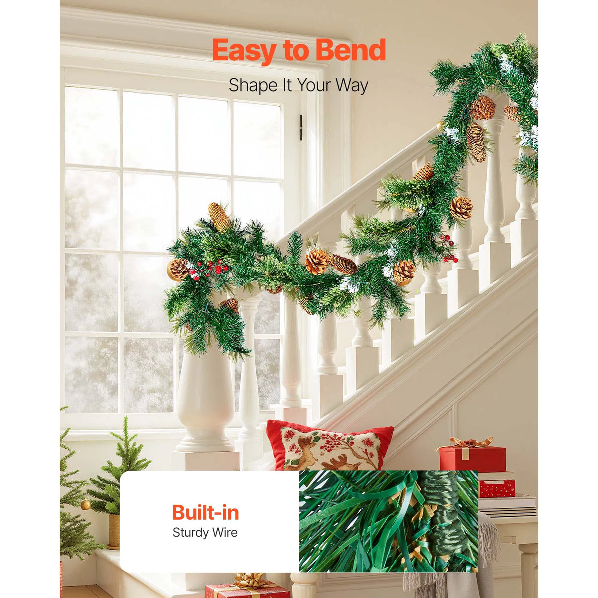 9 Foot Christmas Garland with Lights, Lush Artificial Pine Garland with Red Berries & Pine Cones, Mantel & Fireplace Holiday Decor