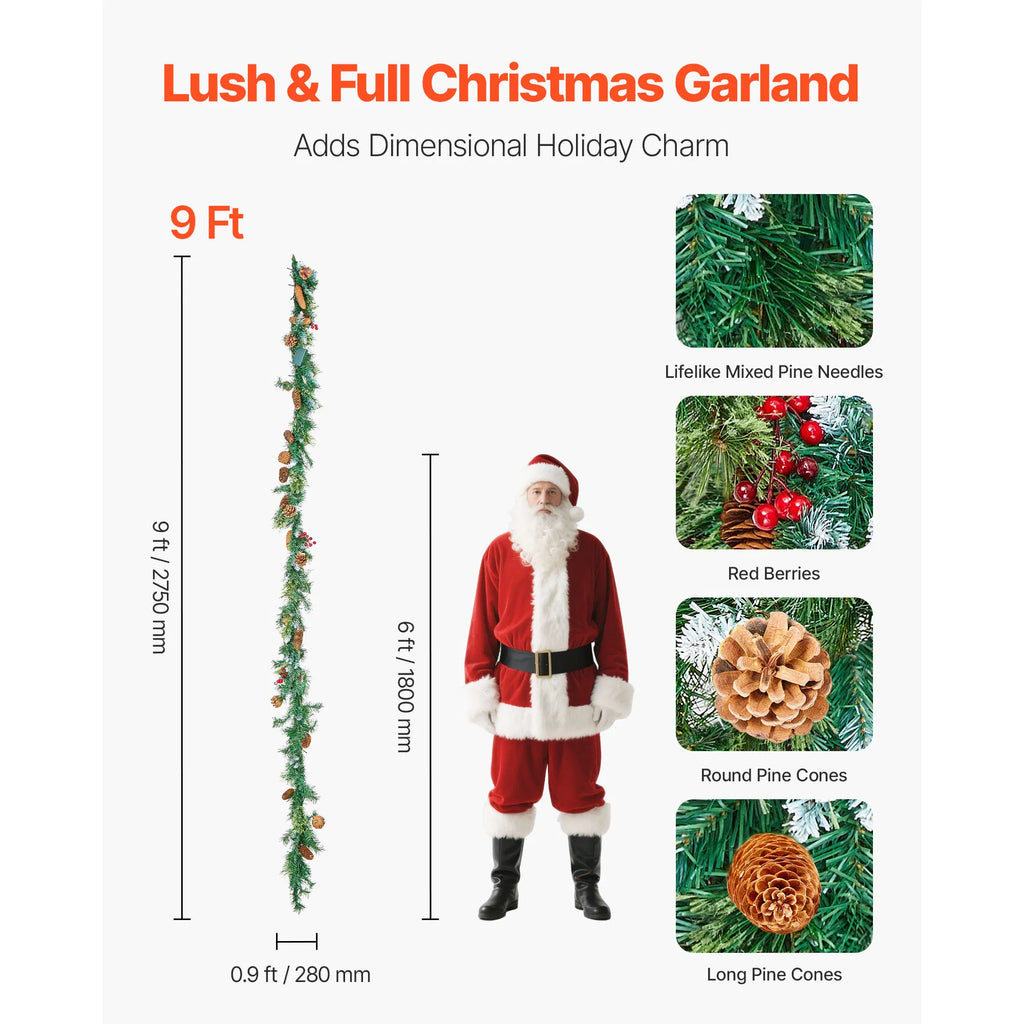 9 Foot Christmas Garland with Lights, Lush Artificial Pine Garland with Red Berries & Pine Cones, Mantel & Fireplace Holiday Decor