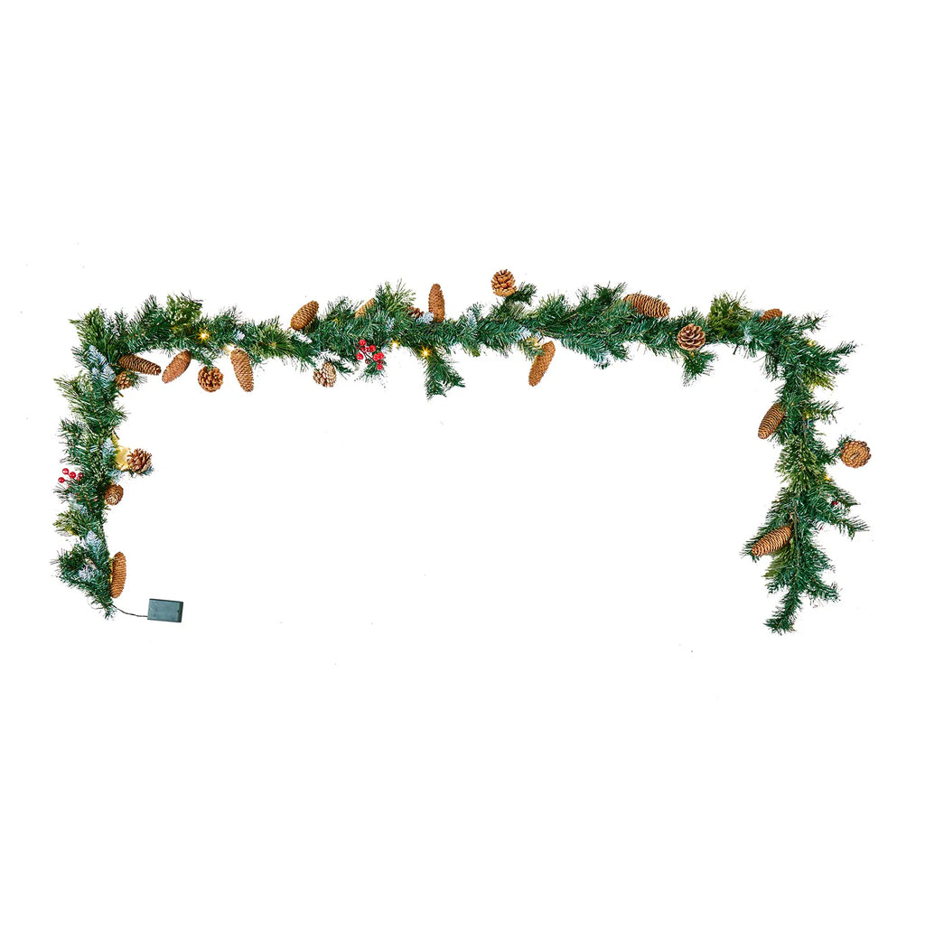 9 Foot Christmas Garland with Lights, Lush Artificial Pine Garland with Red Berries & Pine Cones, Mantel & Fireplace Holiday Decor