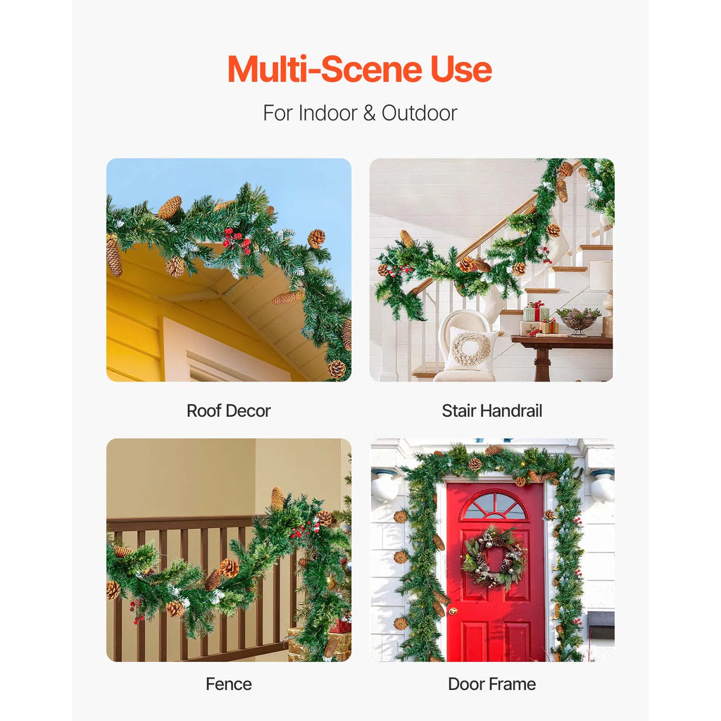 9 Foot Christmas Garland with Lights, Lush Artificial Pine Garland with Red Berries & Pine Cones, Mantel & Fireplace Holiday Decor