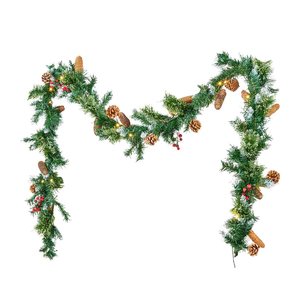 9 Foot Christmas Garland with Lights, Lush Artificial Pine Garland with Red Berries & Pine Cones, Mantel & Fireplace Holiday Decor