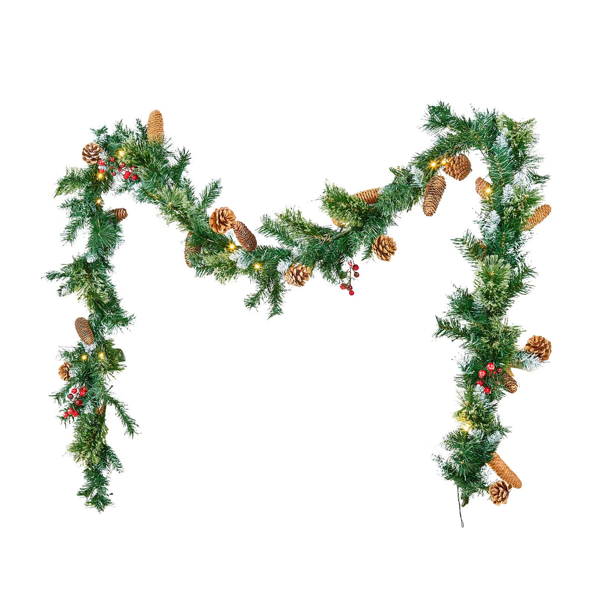 9 Foot Christmas Garland with Lights, Lush Artificial Pine Garland with Red Berries & Pine Cones, Mantel & Fireplace Holiday Decor