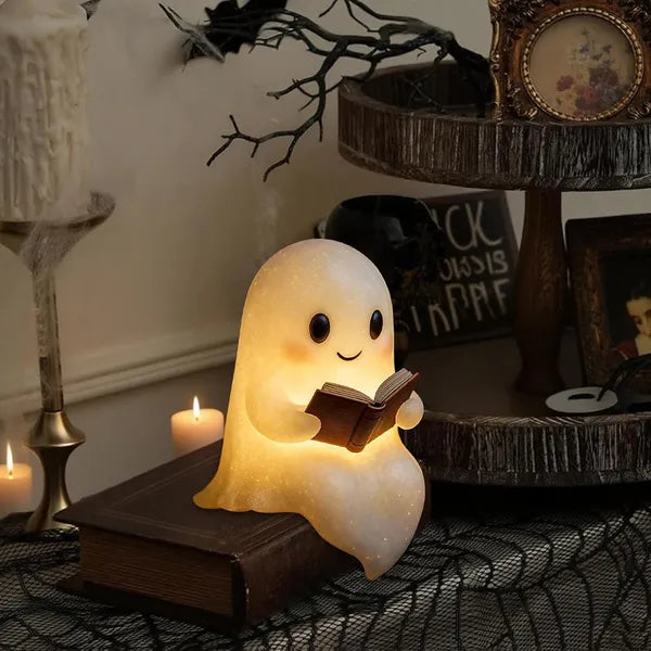 Cute Ghost Reading Book Lamp, Resin LED Night Light, Warm Glow Figurine for Christmas Halloween Bookshelf Table Decor Gift