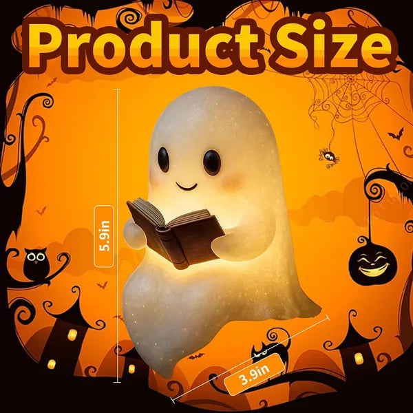 Cute Ghost Reading Book Lamp, Resin LED Night Light, Warm Glow Figurine for Christmas Halloween Bookshelf Table Decor Gift