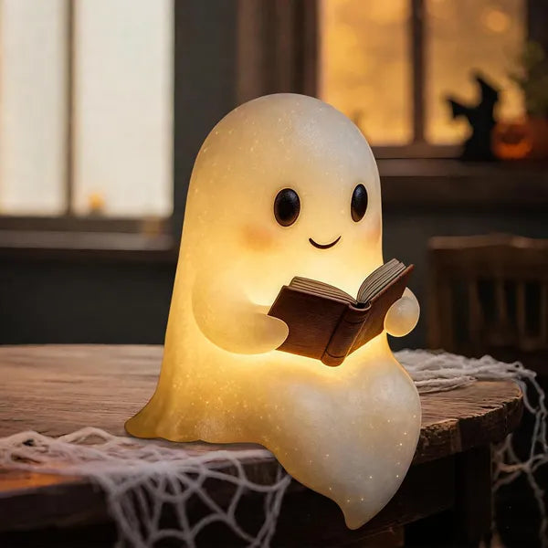 Cute Ghost Reading Book Lamp, Resin LED Night Light, Warm Glow Figurine for Christmas Halloween Bookshelf Table Decor Gift