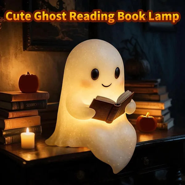 Cute Ghost Reading Book Lamp, Resin LED Night Light, Warm Glow Figurine for Christmas Halloween Bookshelf Table Decor Gift