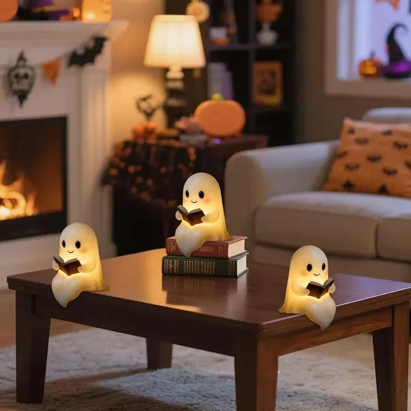 Cute Ghost Reading Book Lamp, Resin LED Night Light, Warm Glow Figurine for Christmas Halloween Bookshelf Table Decor Gift