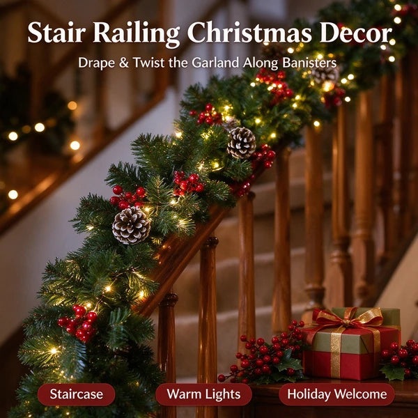 Aeelleea 106.3in Pre-Lit Christmas Garland, Artificial Green Pine Garland with Pinecones Red Berries, Warm Light Decor for Mantel Stair Window