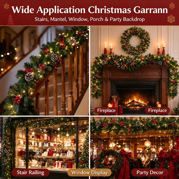 Aeelleea 106.3in Pre-Lit Christmas Garland, Artificial Green Pine Garland with Pinecones Red Berries, Warm Light Decor for Mantel Stair Window