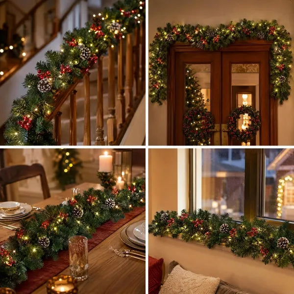 Aeelleea 106.3in Pre-Lit Christmas Garland, Artificial Green Pine Garland with Pinecones Red Berries, Warm Light Decor for Mantel Stair Window