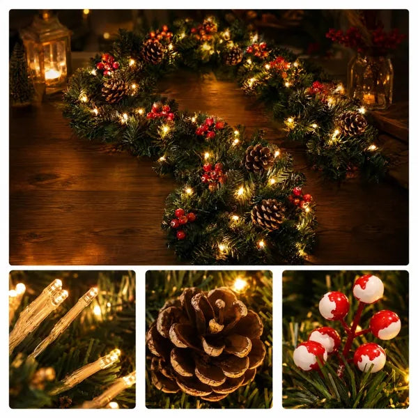 Aeelleea 106.3in Pre-Lit Christmas Garland, Artificial Green Pine Garland with Pinecones Red Berries, Warm Light Decor for Mantel Stair Window