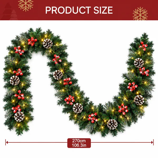 Aeelleea 106.3in Pre-Lit Christmas Garland, Artificial Green Pine Garland with Pinecones Red Berries, Warm Light Decor for Mantel Stair Window