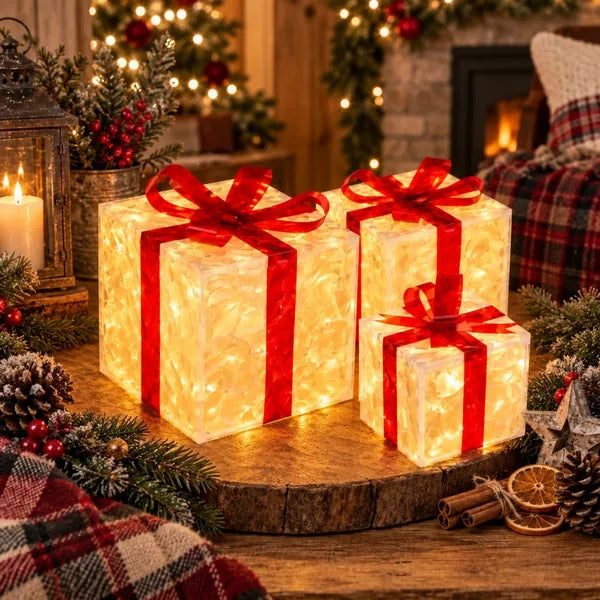 Aeelleea Christmas Lighted Gift Box Decor Set, 3Pcs 15cm 20cm 25cm Illuminated PVC Boxes with Warm Fairy Lights