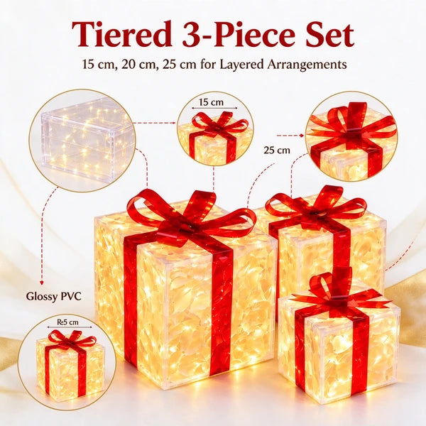 Aeelleea Christmas Lighted Gift Box Decor Set, 3Pcs 15cm 20cm 25cm Illuminated PVC Boxes with Warm Fairy Lights