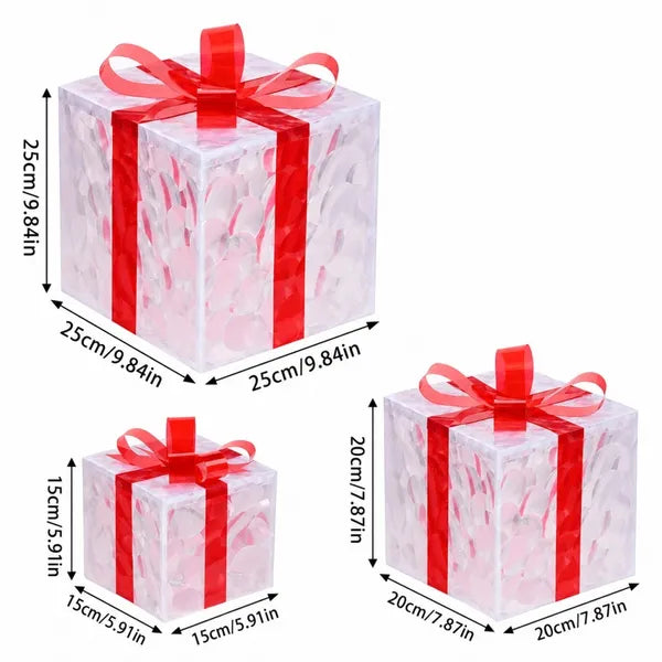 Aeelleea Christmas Lighted Gift Box Decor Set, 3Pcs 15cm 20cm 25cm Illuminated PVC Boxes with Warm Fairy Lights