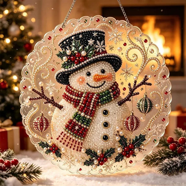 Aeelleea DIY Snowman Diamond Art Suncatcher, 8 Inch Round Lace Acrylic Base with Metal Chain, 3D Pearl Gem Kit for Christmas Window Wall Decor