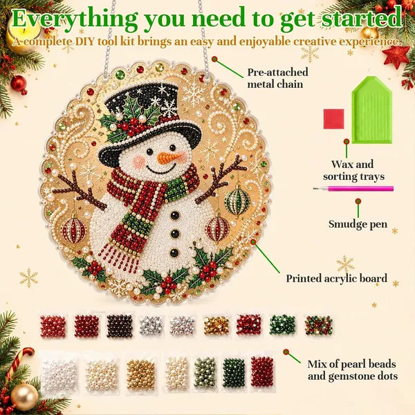 Aeelleea DIY Snowman Diamond Art Suncatcher, 8 Inch Round Lace Acrylic Base with Metal Chain, 3D Pearl Gem Kit for Christmas Window Wall Decor