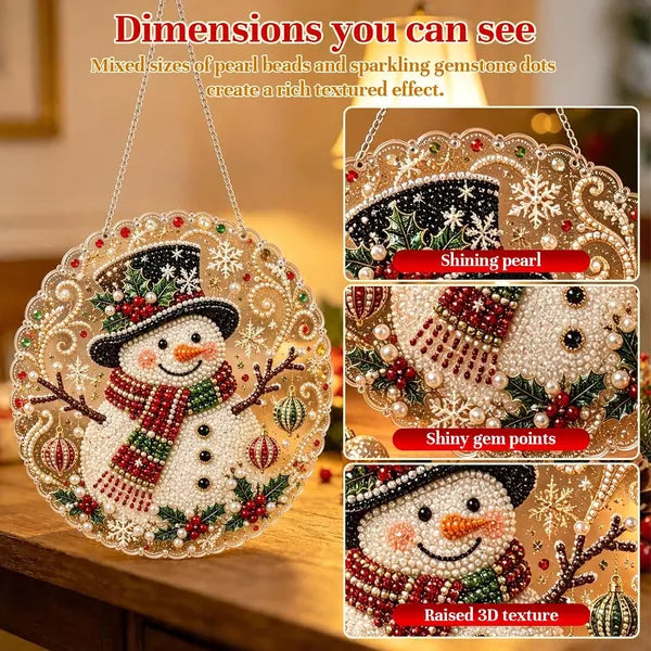 Aeelleea DIY Snowman Diamond Art Suncatcher, 8 Inch Round Lace Acrylic Base with Metal Chain, 3D Pearl Gem Kit for Christmas Window Wall Decor