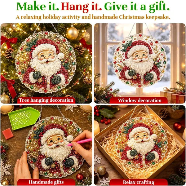 Aeelleea DIY Diamond Painting Suncatcher Kit, 8 Inch Acrylic Round Board, 3D Mixed Pearl Bead Craft, Christmas Window Wall Hanging Decor