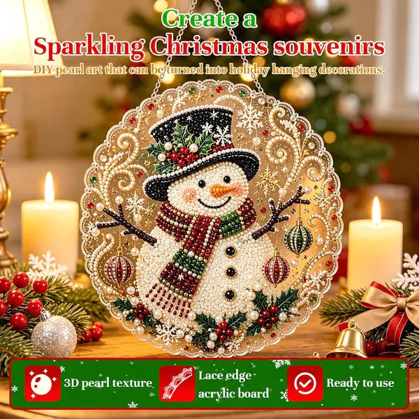 Aeelleea DIY Snowman Diamond Art Suncatcher, 8 Inch Round Lace Acrylic Base with Metal Chain, 3D Pearl Gem Kit for Christmas Window Wall Decor