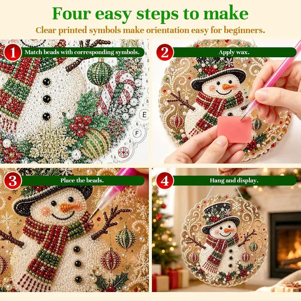 Aeelleea DIY Snowman Diamond Art Suncatcher, 8 Inch Round Lace Acrylic Base with Metal Chain, 3D Pearl Gem Kit for Christmas Window Wall Decor