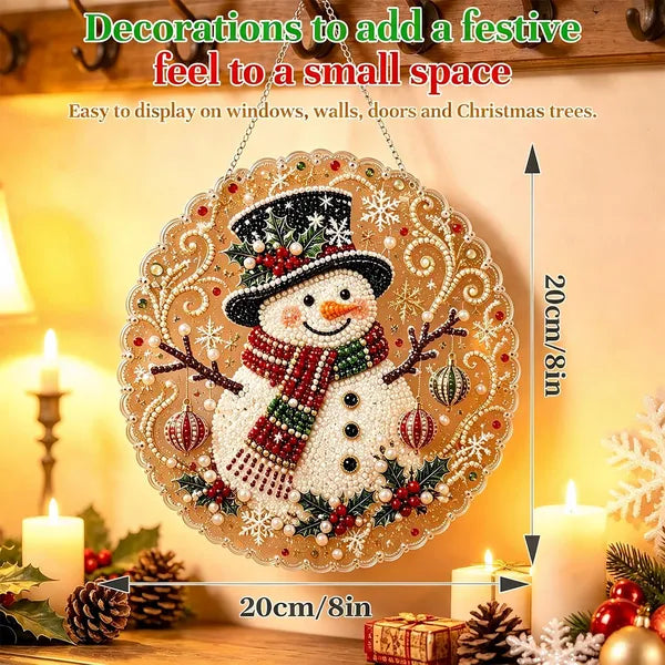 Aeelleea DIY Snowman Diamond Art Suncatcher, 8 Inch Round Lace Acrylic Base with Metal Chain, 3D Pearl Gem Kit for Christmas Window Wall Decor