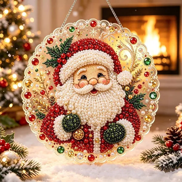 Aeelleea DIY Diamond Painting Suncatcher Kit, 8 Inch Acrylic Round Board, 3D Mixed Pearl Bead Craft, Christmas Window Wall Hanging Decor