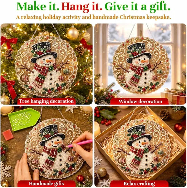 Aeelleea DIY Snowman Diamond Art Suncatcher, 8 Inch Round Lace Acrylic Base with Metal Chain, 3D Pearl Gem Kit for Christmas Window Wall Decor