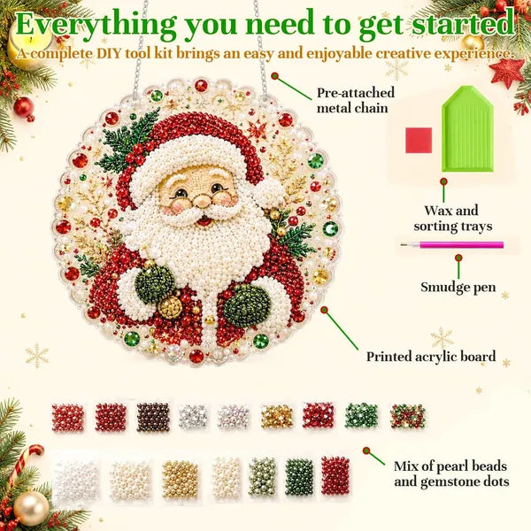 Aeelleea DIY Diamond Painting Suncatcher Kit, 8 Inch Acrylic Round Board, 3D Mixed Pearl Bead Craft, Christmas Window Wall Hanging Decor