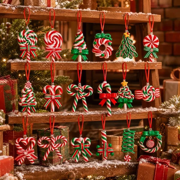 Aeelleea 18Pcs Christmas Polymer Clay Ornaments, 3.74in Red Green White Candy Wreath Hanging Charms with Lanyards for Xmas Tree Decor