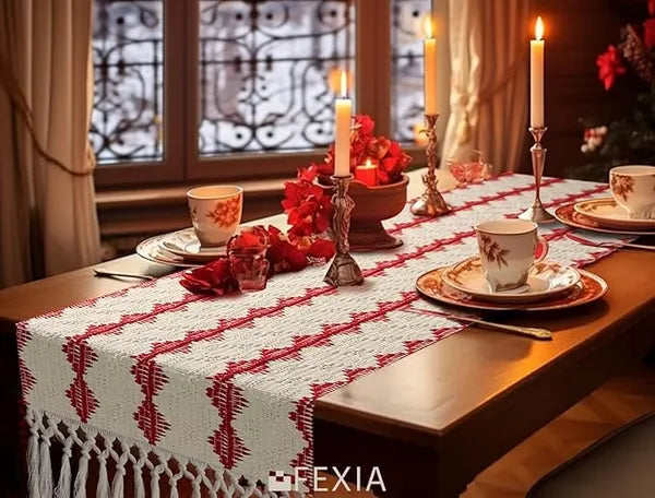Aeelleea Christmas Red Table Runner 13x72 Inch, Boho Woven Tassel Table Runner, Rustic Farmhouse Xmas Table Decor for Home Party