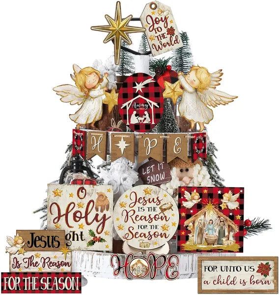 Aeelleea Christmas Tiered Tray Decor Set, Wooden Snowman Gnome Snowflake Truck Signs, Farmhouse Winter Table Shelf Decor, Nativity Scene
