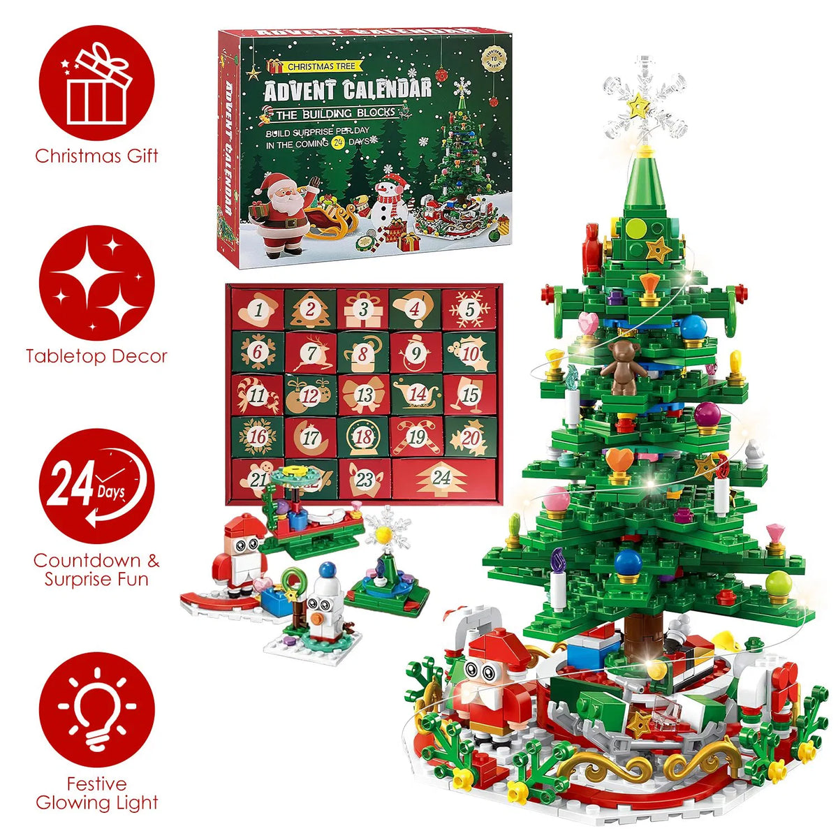 Christmas Tree Building Set 701PCS, 24-Day Countdown Calendar, LED Lights, Santa Snowflake Topper, Educational Toy Kids 3-6, Decor