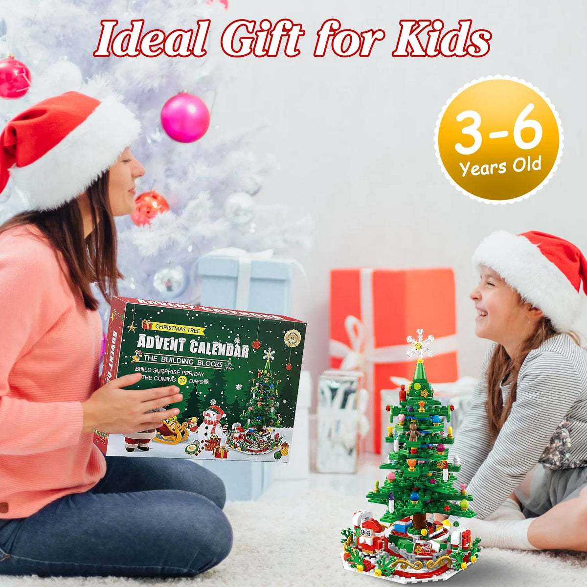 Christmas Tree Building Set 701PCS, 24-Day Countdown Calendar, LED Lights, Santa Snowflake Topper, Educational Toy Kids 3-6, Decor