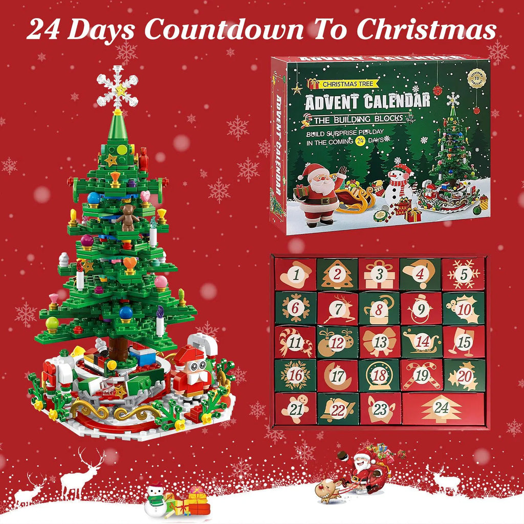 Christmas Tree Building Set 701PCS, 24-Day Countdown Calendar, LED Lights, Santa Snowflake Topper, Educational Toy Kids 3-6, Decor