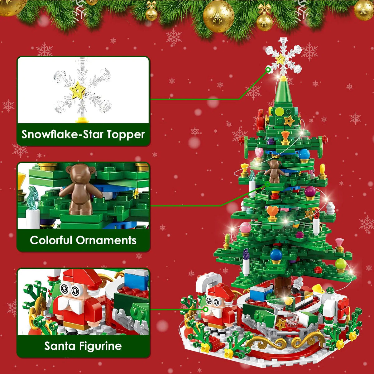 Christmas Tree Building Set 701PCS, 24-Day Countdown Calendar, LED Lights, Santa Snowflake Topper, Educational Toy Kids 3-6, Decor