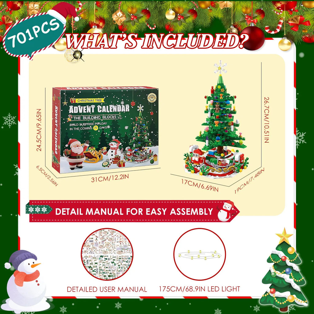 Christmas Tree Building Set 701PCS, 24-Day Countdown Calendar, LED Lights, Santa Snowflake Topper, Educational Toy Kids 3-6, Decor