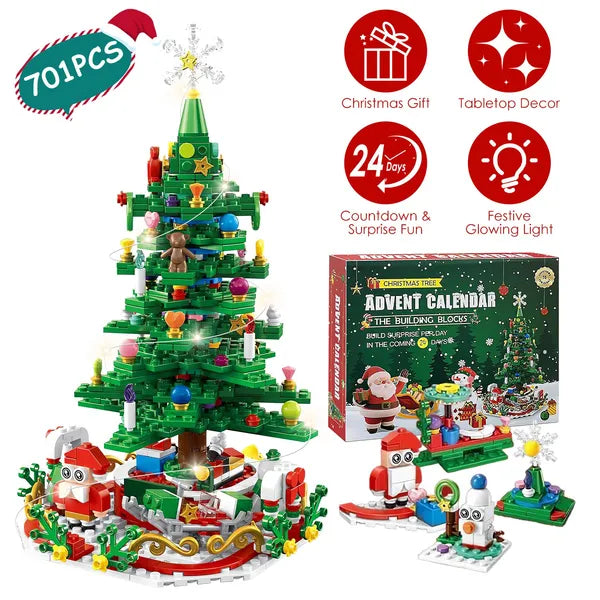 Aeelleea 701Pcs Christmas Tree Building Blocks Advent Calendar, LED Light Up Xmas Tree Brick Set for Kids Table Decor