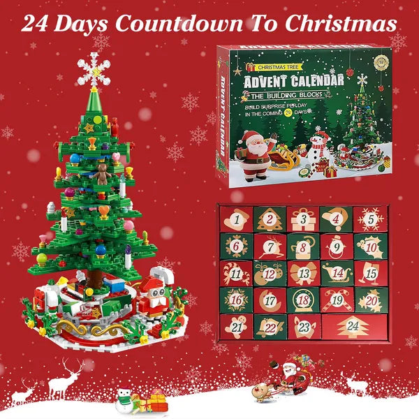 Aeelleea 701Pcs Christmas Tree Building Blocks Advent Calendar, LED Light Up Xmas Tree Brick Set for Kids Table Decor